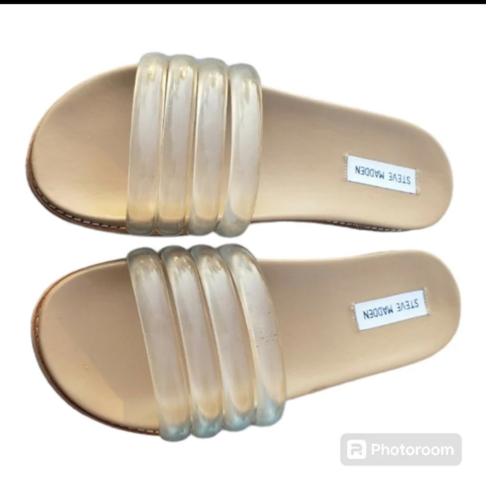 Steve Madden Clear Strap Tan Slide Sandals - Picture 2 of 9